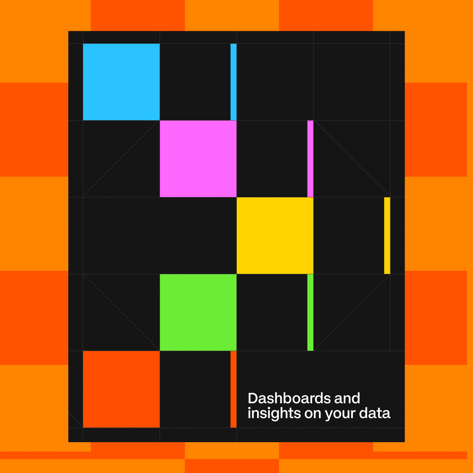 Colorful geometric squares and bars in cyan, pink, green, and yellow arranged on a dark grid with orange patterned background
