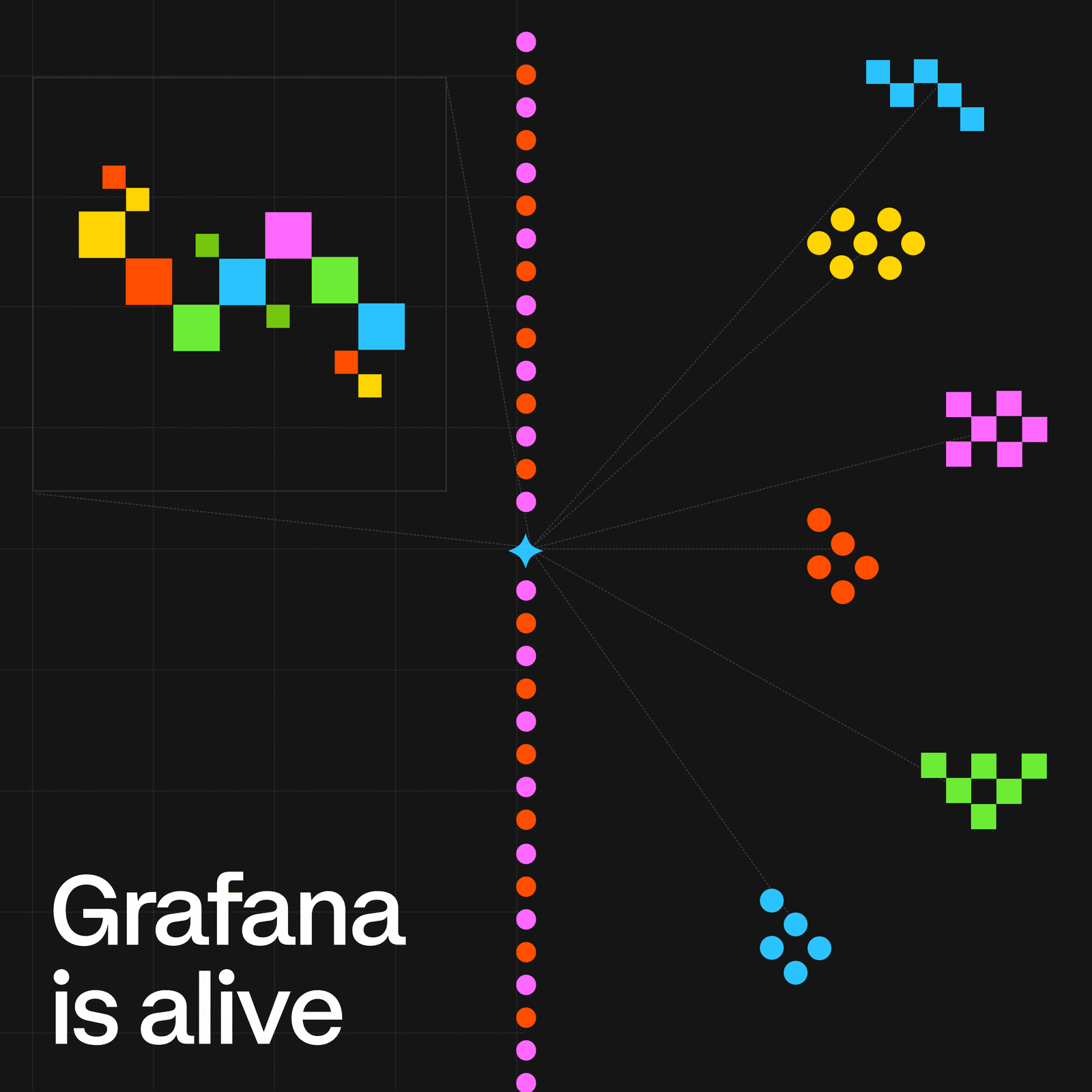 Grafana brand identity graphic with colorful pixel clusters and a vertical dotted line on a dark background.