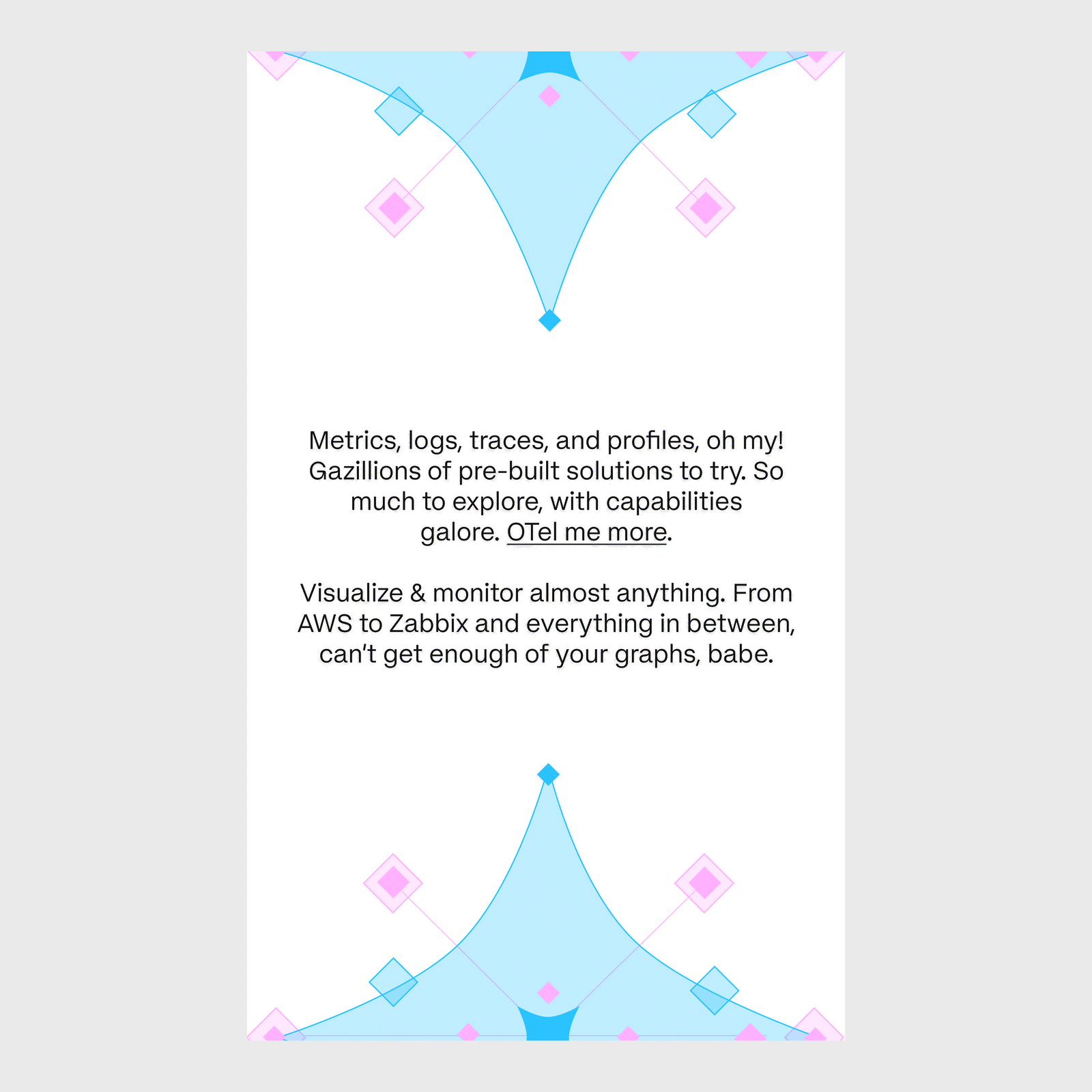 Graphic brand identity design for Grafana featuring blue and pink geometric vector patterns framing centered promotional text on white.