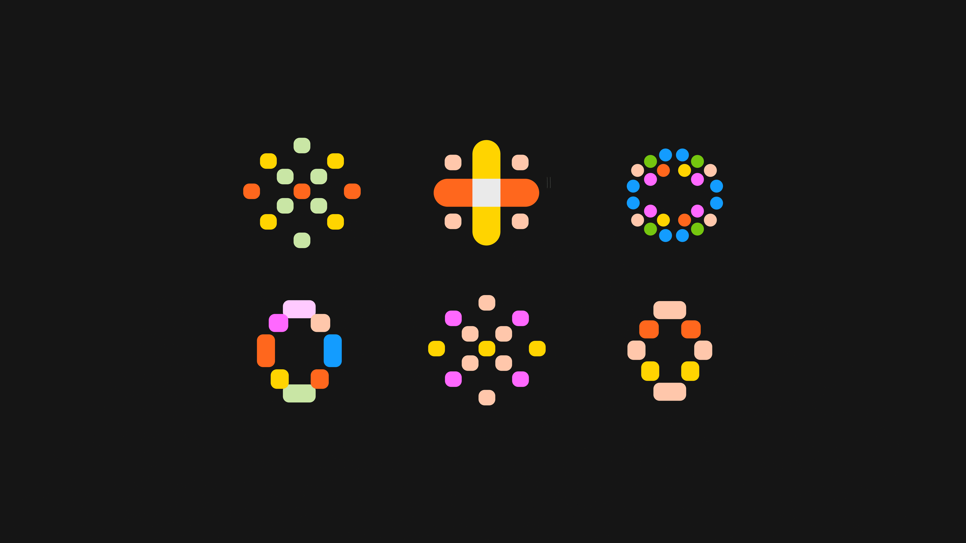 A dark background featuring six colorful geometric dot-matrix icons arranged in two rows for the Grafana brand identity.
