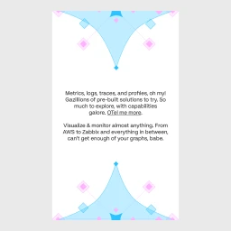 Graphic brand identity design for Grafana featuring blue and pink geometric vector patterns framing centered promotional text on white.