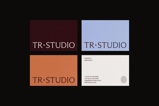 Four rectangular brand identity cards for TR Studio displayed on a black background showcasing typography and colour palettes.