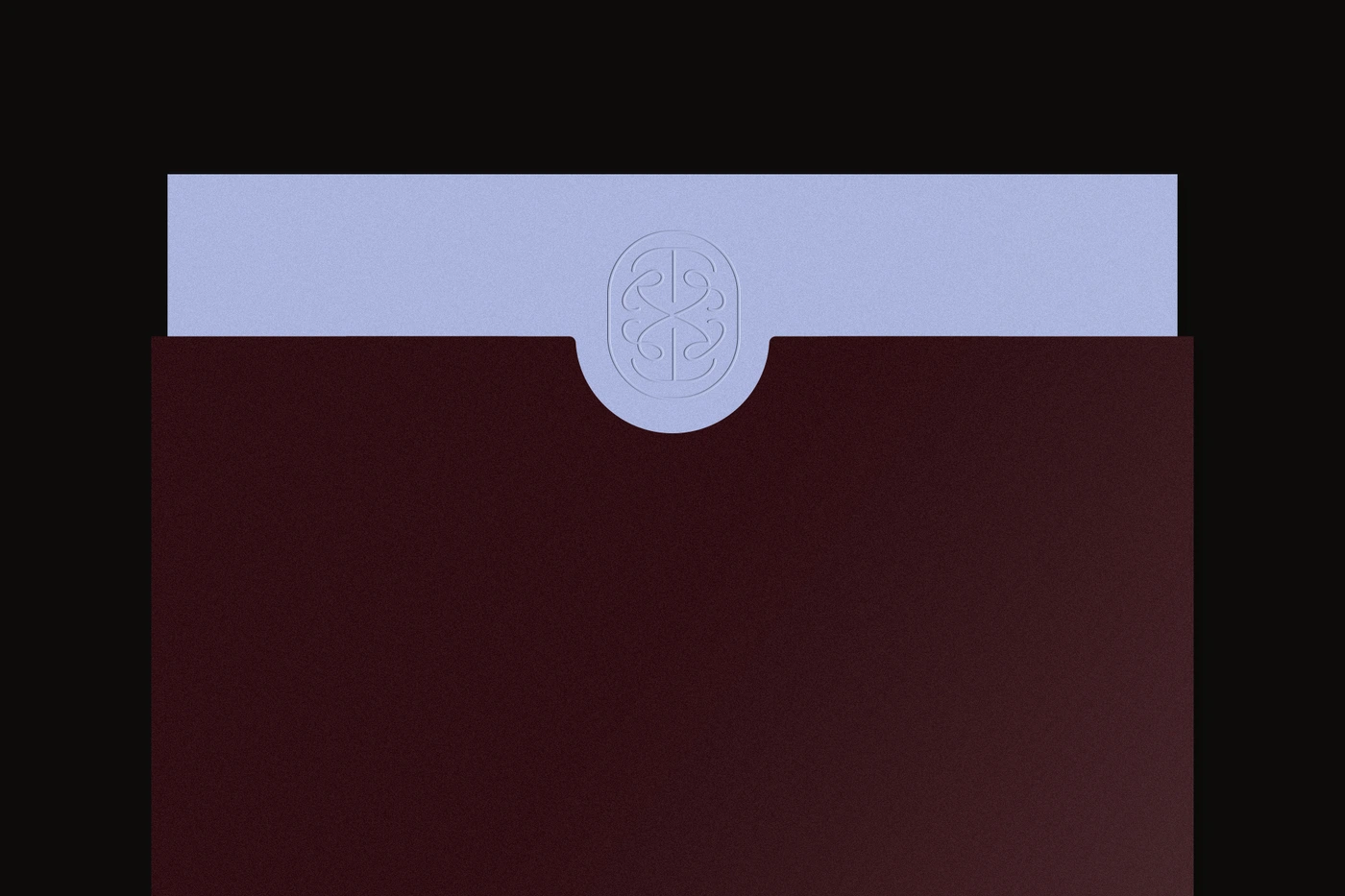An embossed TR Studio logo on a light purple paper sleeve partially inserted into a dark burgundy folder against a black background.