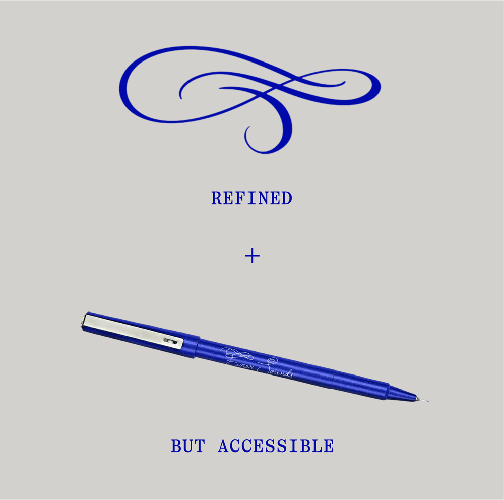 Blue ballpoint pen placed diagonally on a plain grey background with blue typography and a decorative flourish