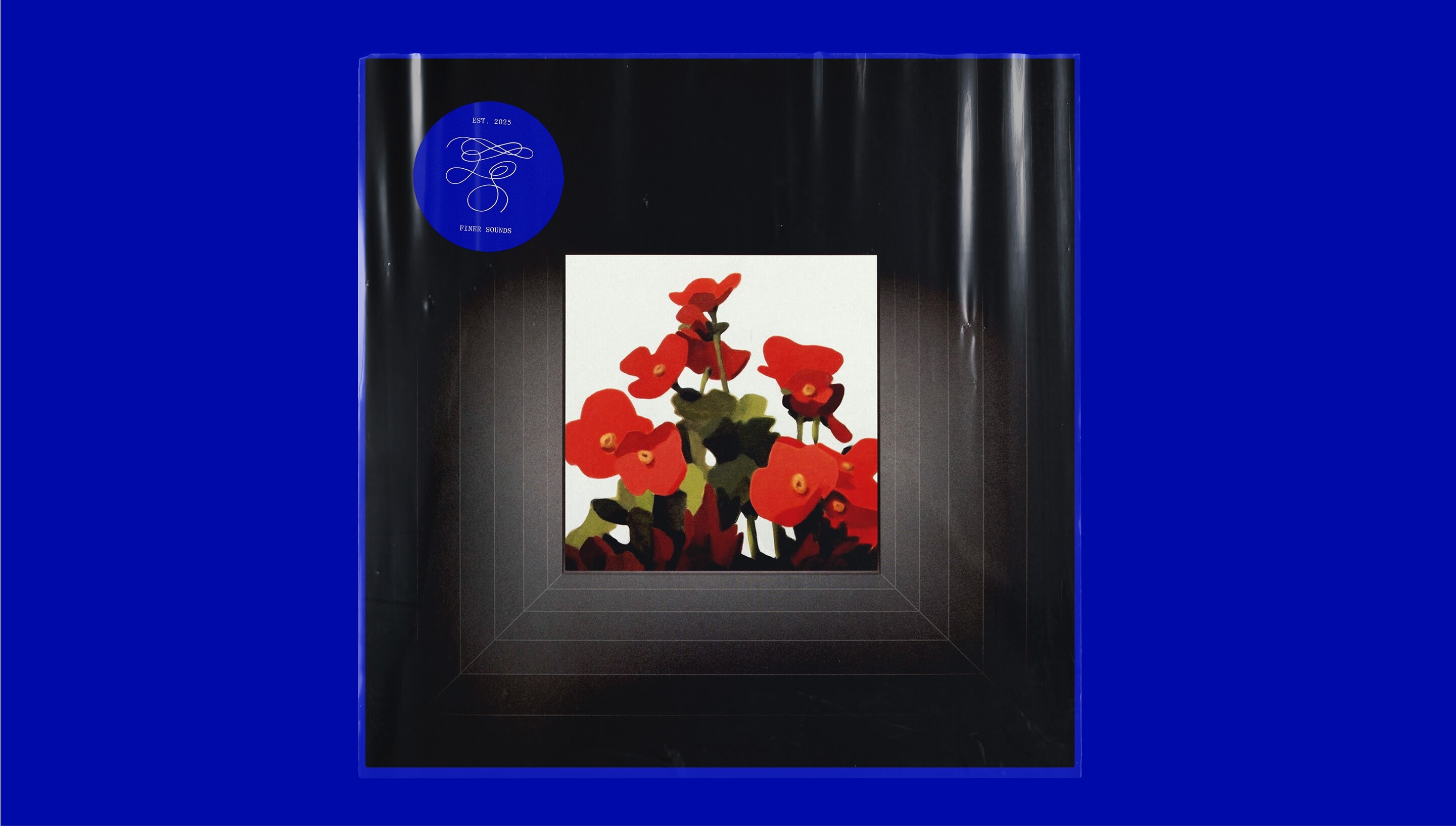 Album art for Finer Sounds brand identity featuring red flowers inside a black square frame on a blue background