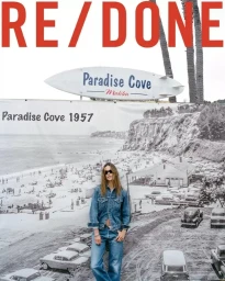 Alessandra Ambrosio wearing a denim jacket and jeans standing before a Paradise Cove backdrop in a RE/DONE campaign photograph.