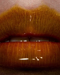 Close-up macro shot of glossy golden-brown lips with visible texture and a cracked finish, showing white teeth peeking through.