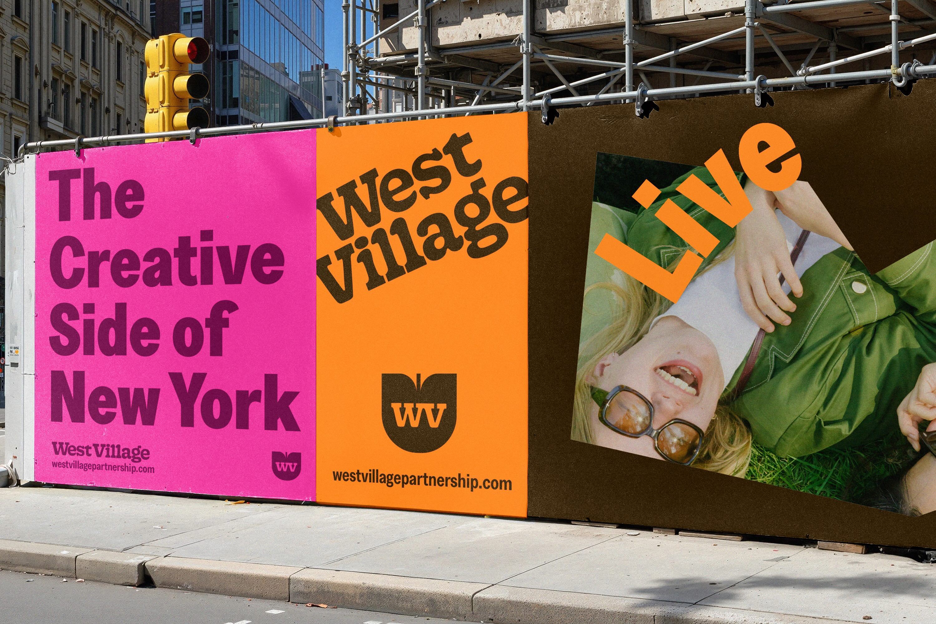 Colorful street construction hoarding featuring vibrant pink and orange branding panels with bold typography for West Village Partnership