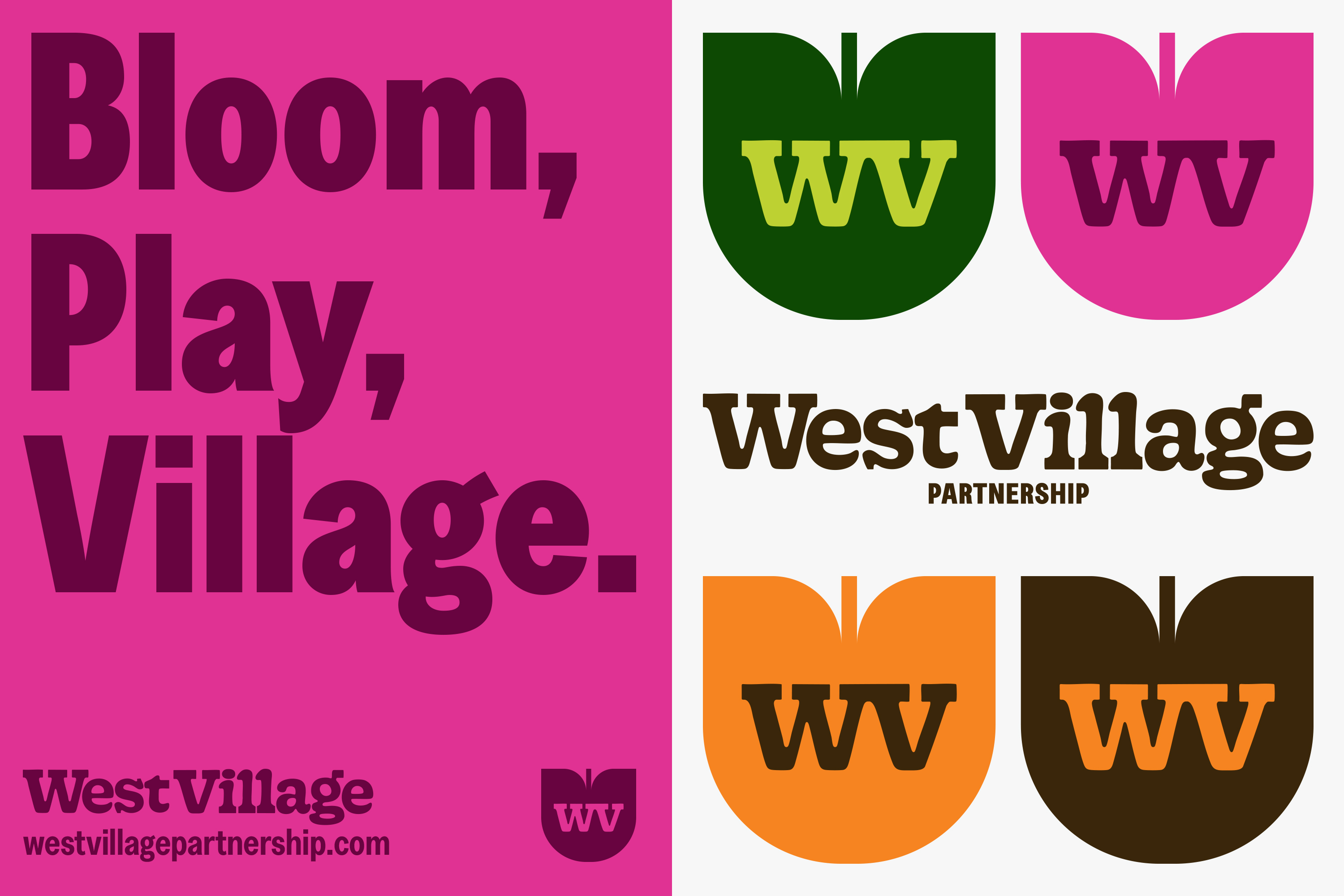 West Village Partnership brand identity showcasing colorful tulip-shaped WV logos and typography