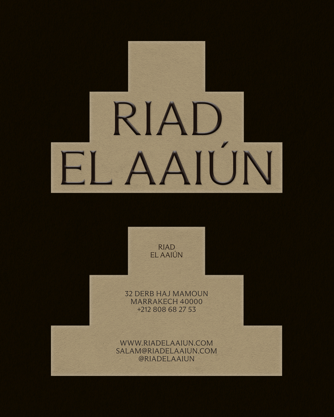 Brand identity design for Riad El Aaiun featuring serif typography on a stepped beige shape against a black background