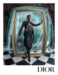 Model standing inside an ornate gold frame holding a patterned handbag in a Dior fall campaign image