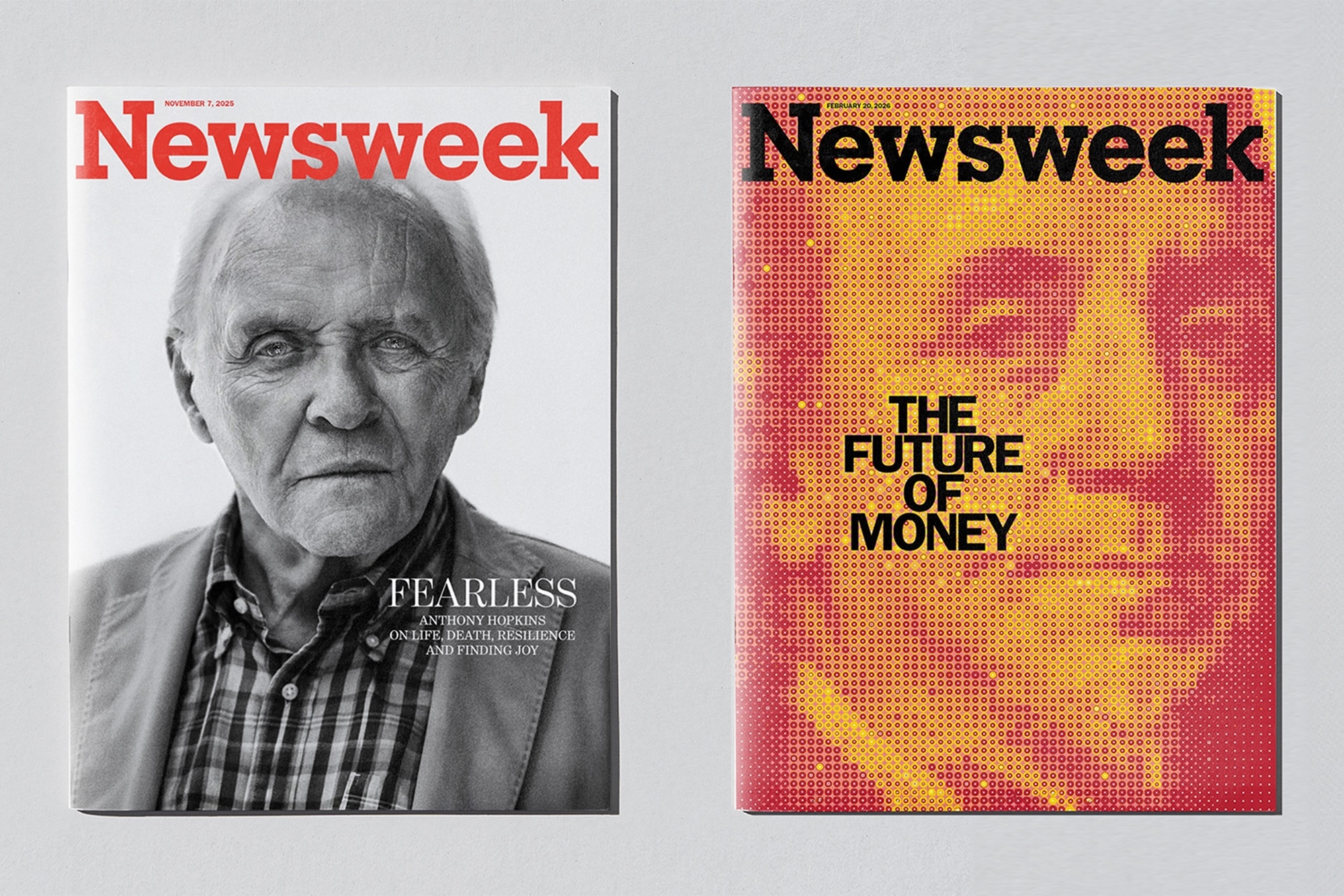 Two Newsweek magazine covers displayed side by side against a neutral light grey background showing different typography and portrait designs.
