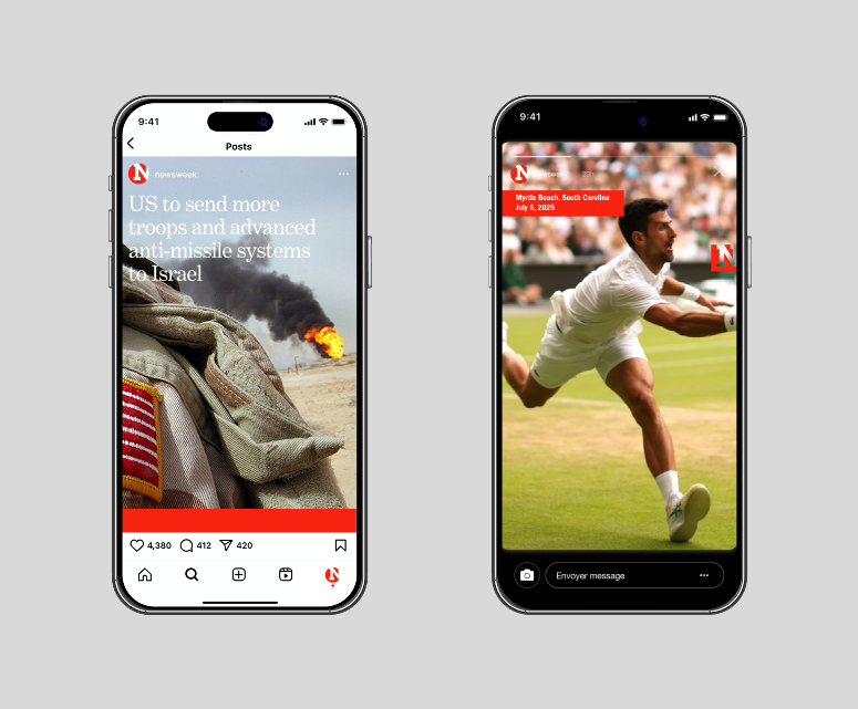 Two smartphones displaying Newsweek social media posts against a plain light grey background