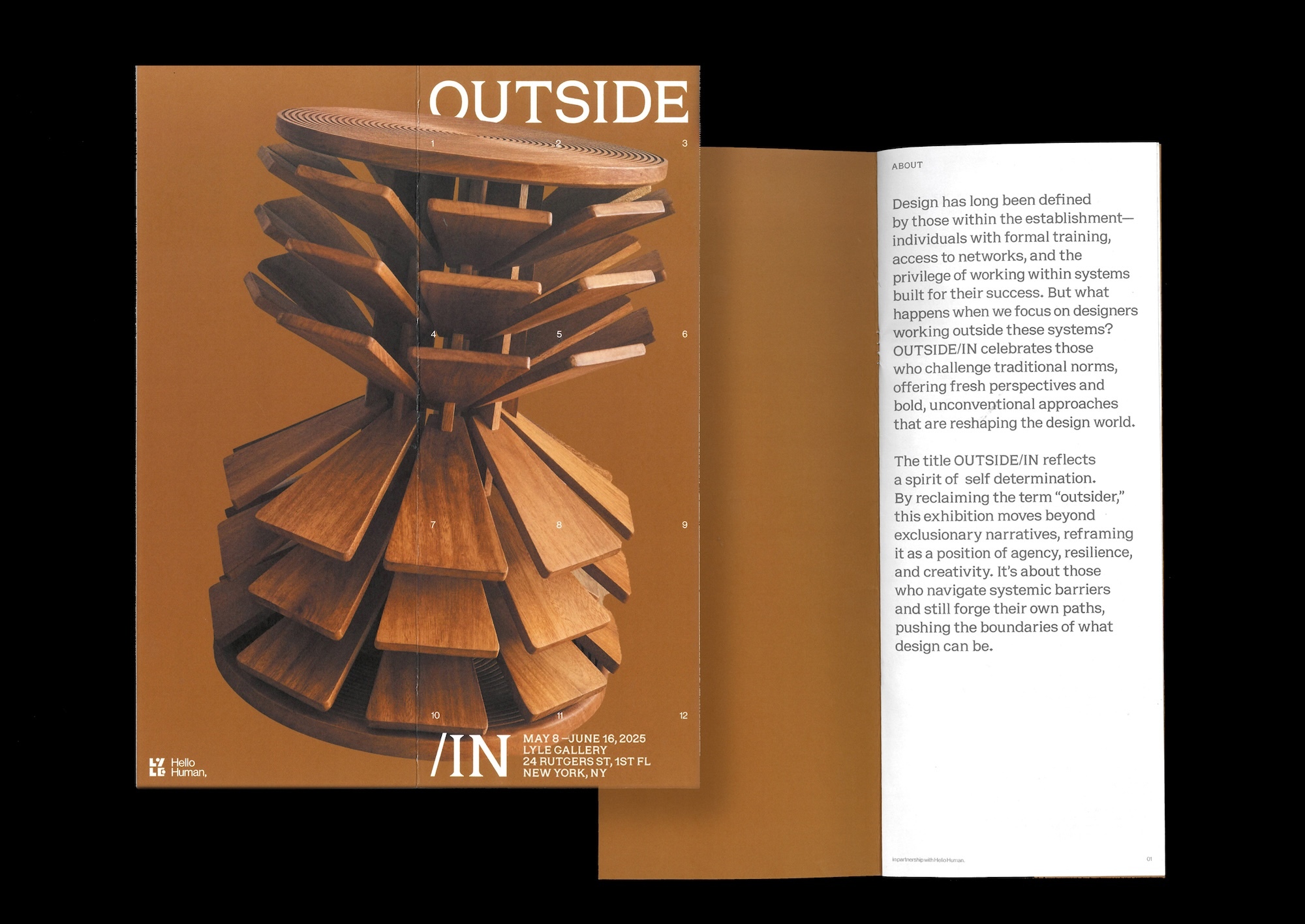 Open spread of a publication titled OUTSIDE/IN featuring a layered wooden stool sculpture against a warm brown background