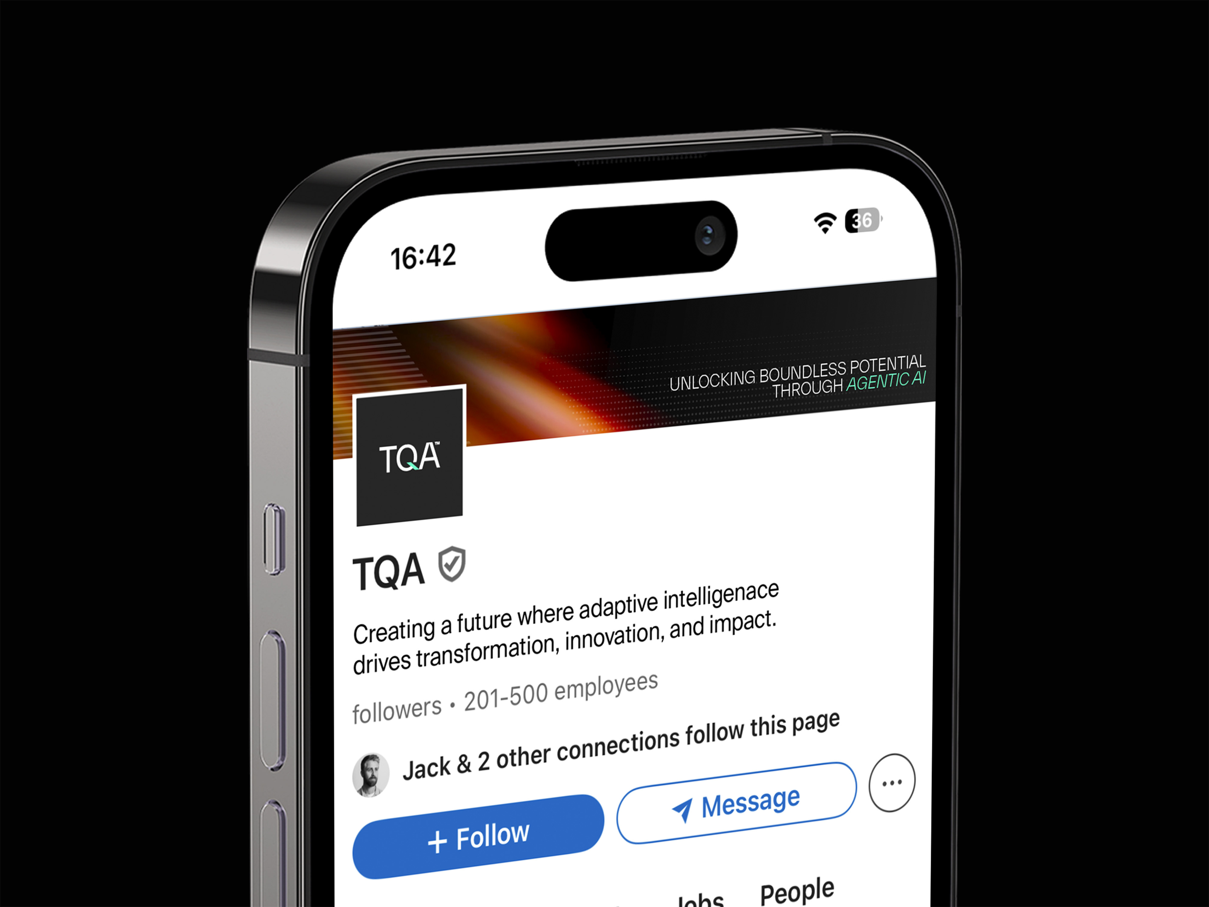Close-up mockup of a smartphone displaying the TQA brand identity profile on a digital platform interface.
