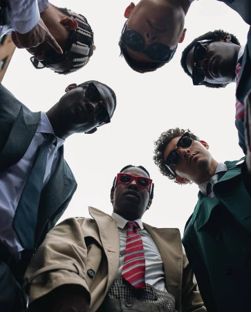 Low angle group shot of several men in suits and sunglasses looking down against a bright sky.