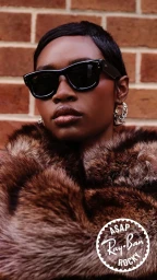 Black woman wearing dark sunglasses and a brown fur coat against a red brick wall for a Ray-Ban campaign.