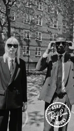 Black and white portrait of a blonde woman and a black man wearing suits and sunglasses outdoors in front of a brick building.