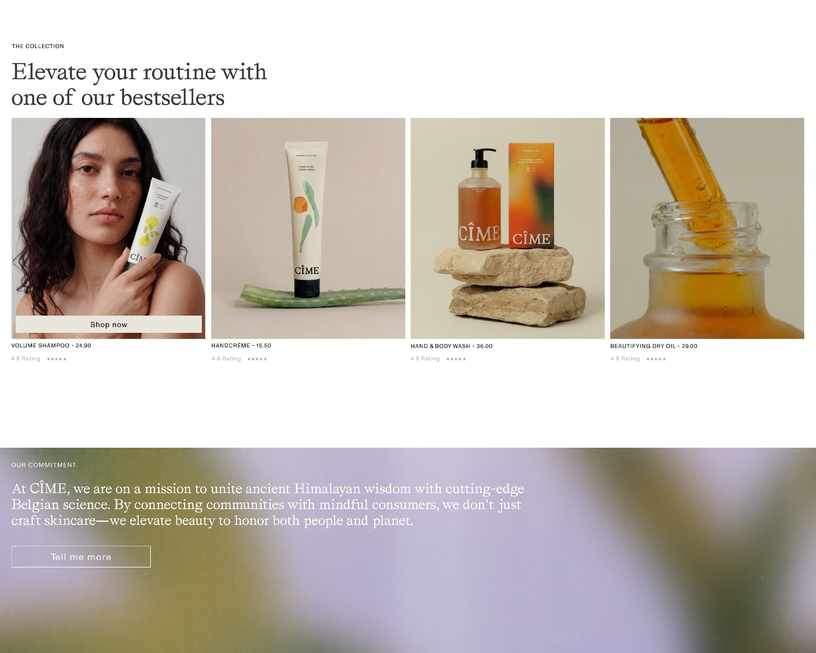 Web layout showcasing CIME skincare products including a model holding shampoo, cream on aloe vera, and oil droppers.