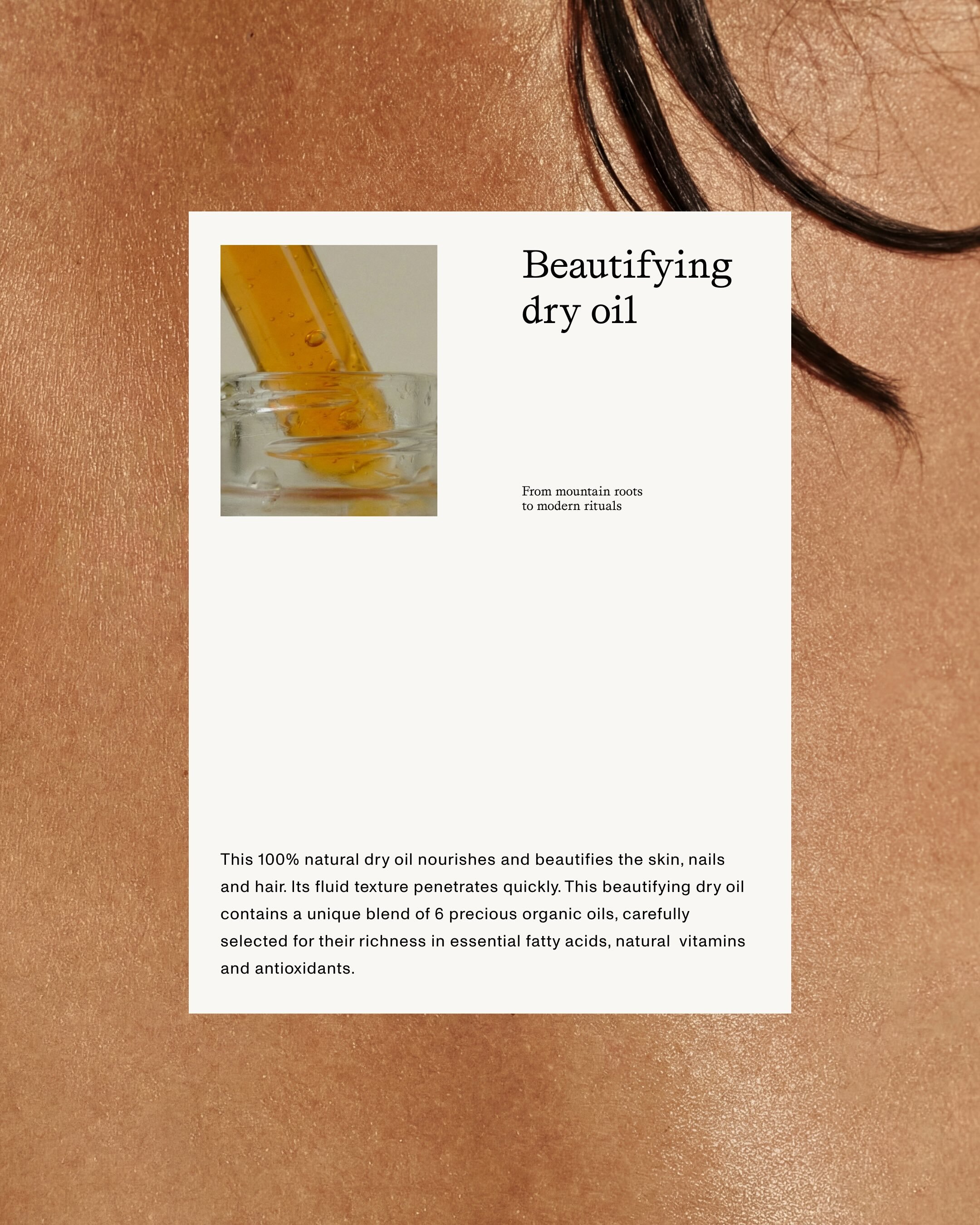 CIME dry oil product packaging card set against human skin background with dark hair strands