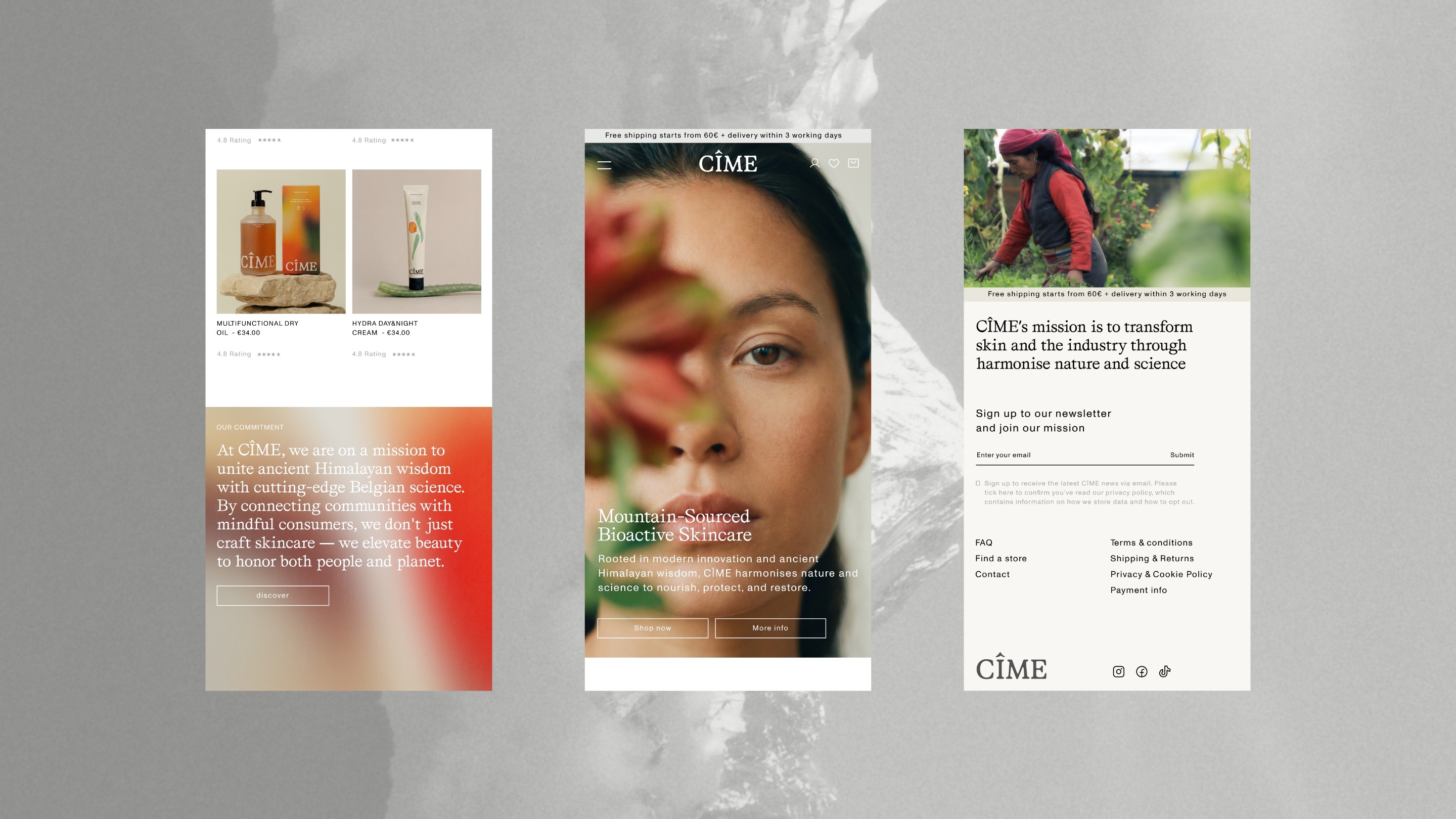 Three mobile phone screen mockups showing skincare brand website design with product imagery and portrait