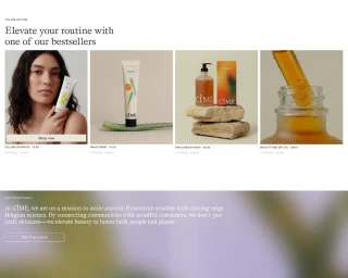 Web layout showcasing CIME skincare products including a model holding shampoo, cream on aloe vera, and oil droppers.