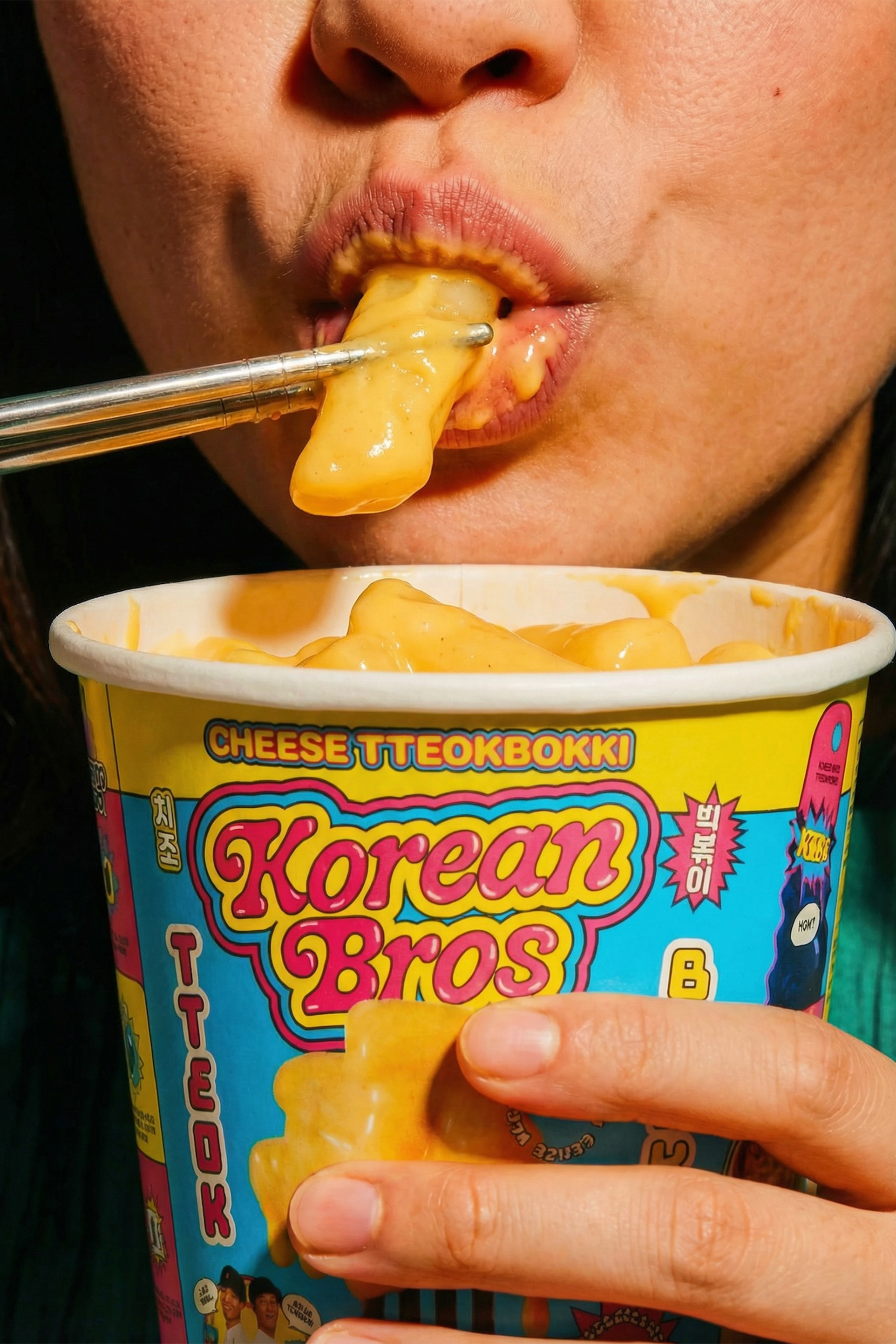 Close-up of a person eating cheese tteokbokki with chopsticks from a colorful Korean Bros branded cup.