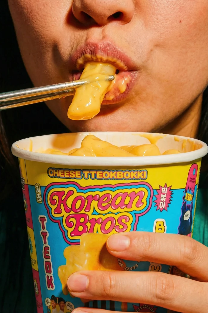 Close-up of a person eating cheese tteokbokki with chopsticks from a colorful Korean Bros branded cup.