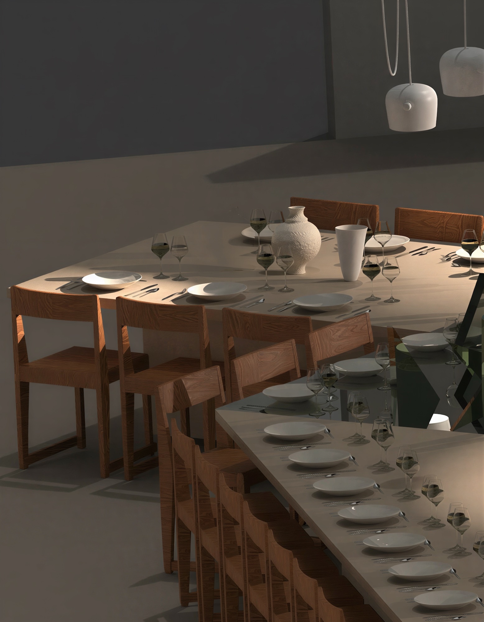 Set dining tables with white plates, wine glasses, and wooden chairs under modern pendant lamps for Matter and Shape.