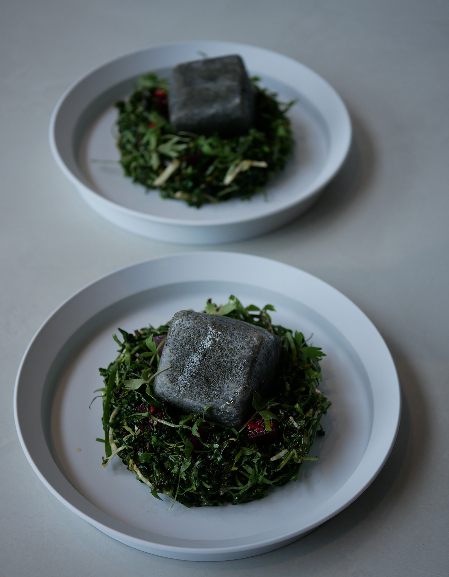Two white round plates featuring a bed of green herbs topped with a dark grey square block for Matter and Shape brand identity.