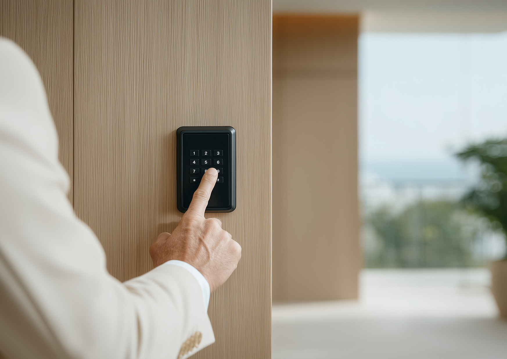 Close-up of a person pressing a button on a black electronic keypad mounted on a vertical wooden wall panel.