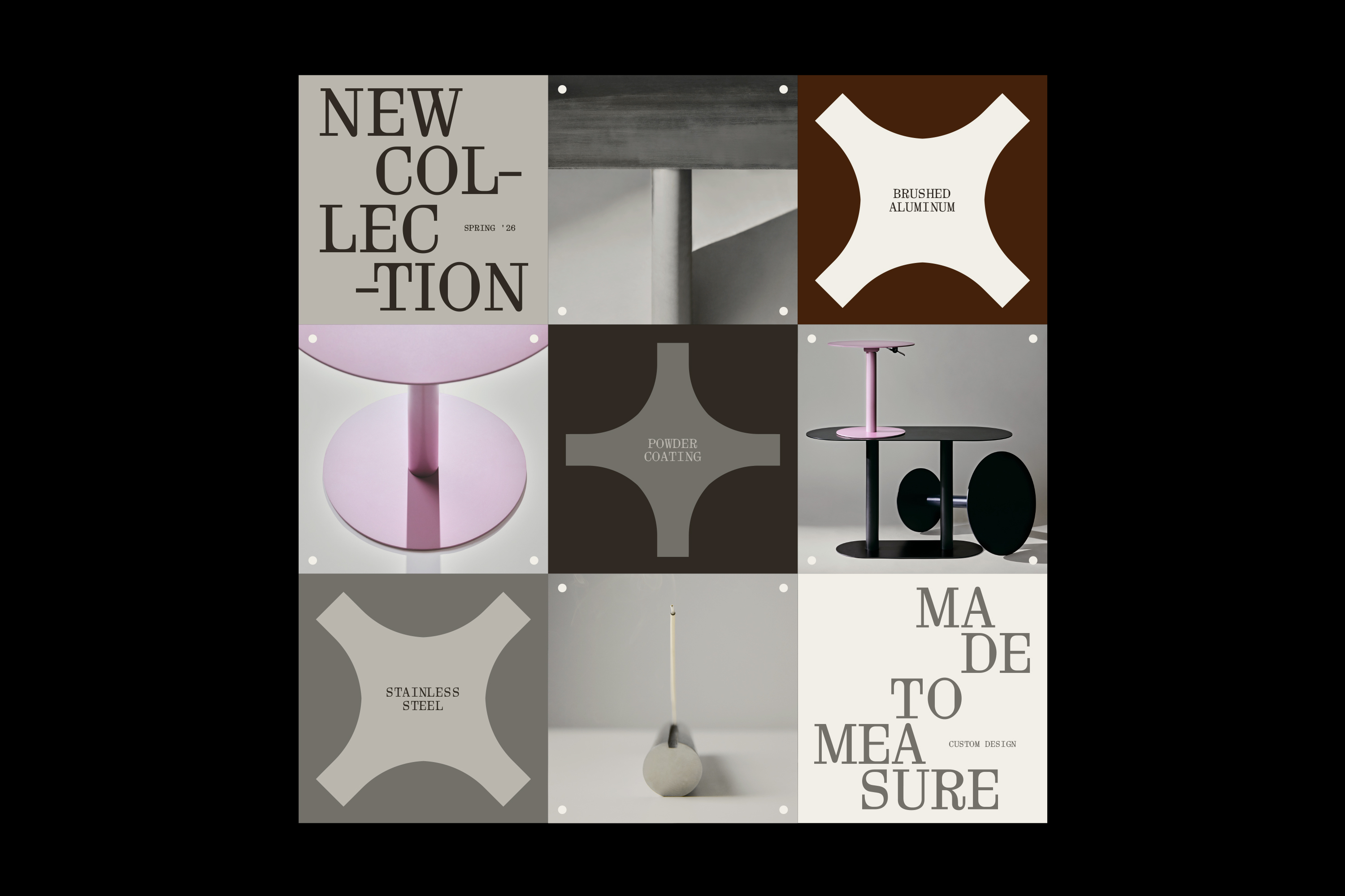 Grid layout showing metalwork product samples, typography, and material finishes for Estelle Metalworks