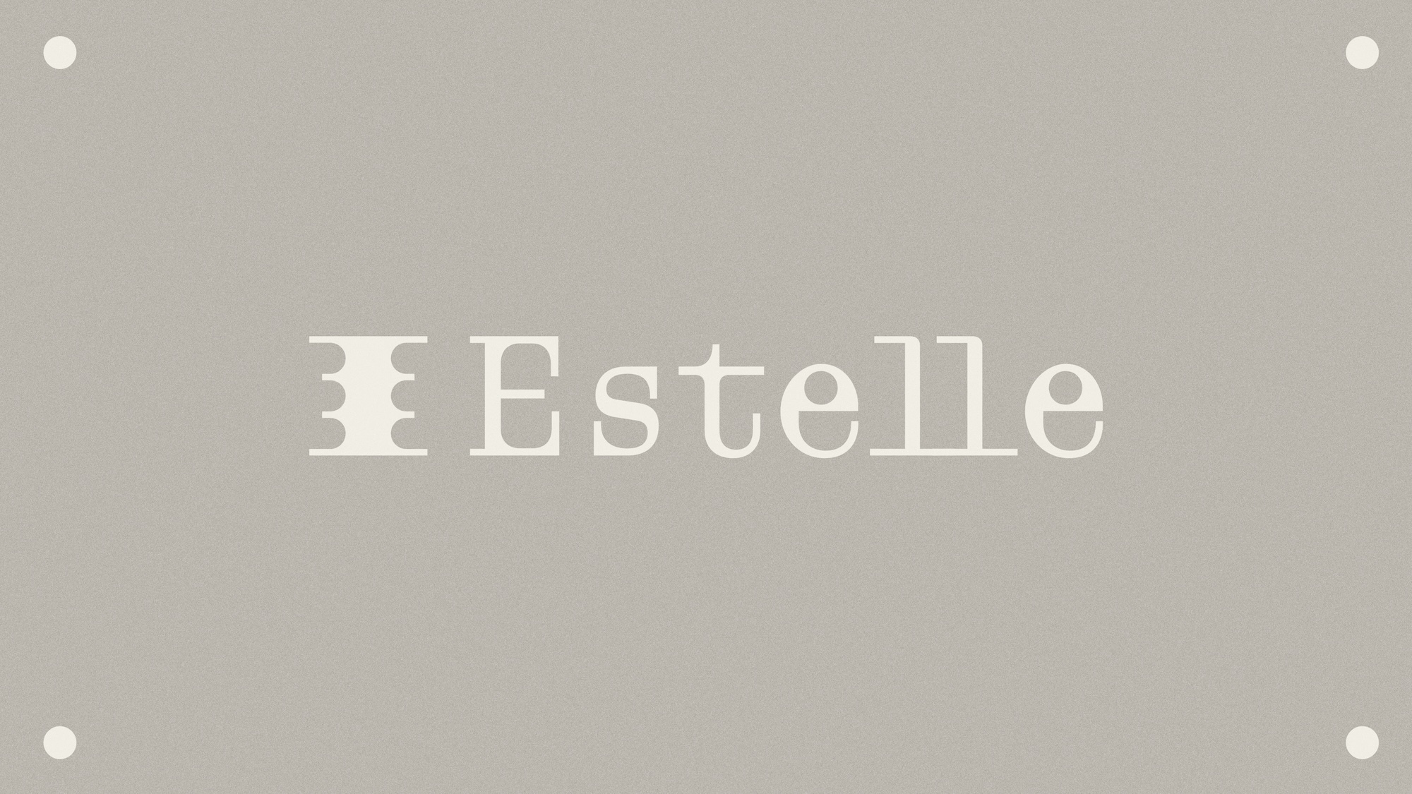 Estelle Metalworks brand identity typography on a textured grey background with corner rivets