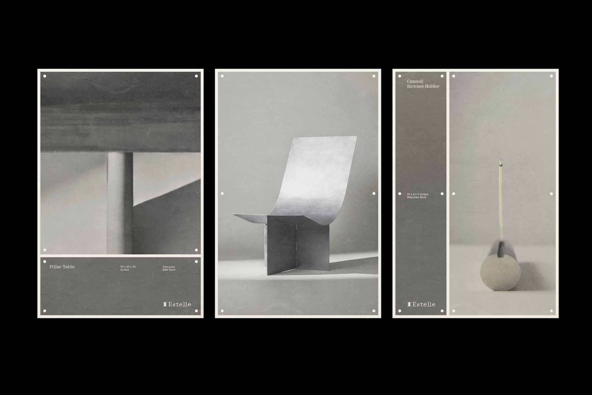 Three vertical poster layouts showcasing metal furniture objects by Estelle Metalworks against grey backgrounds.