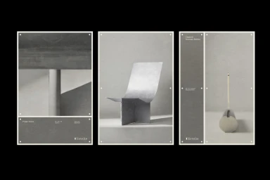 Three vertical poster layouts showcasing metal furniture objects by Estelle Metalworks against grey backgrounds.