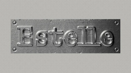 Embossed metal plate featuring the Estelle brand name with corner rivets against a textured grey background.