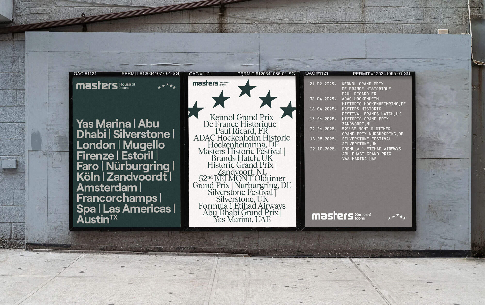 Three vertical posters featuring typography and event lists mounted on a concrete wall above a sidewalk