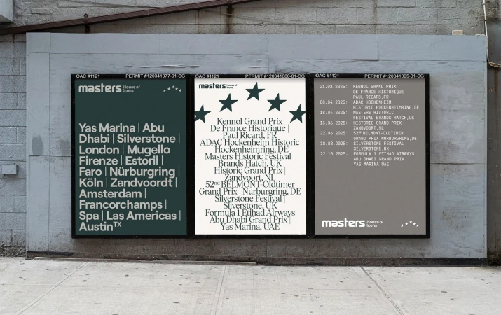 Three vertical posters featuring typography and event lists mounted on a concrete wall above a sidewalk