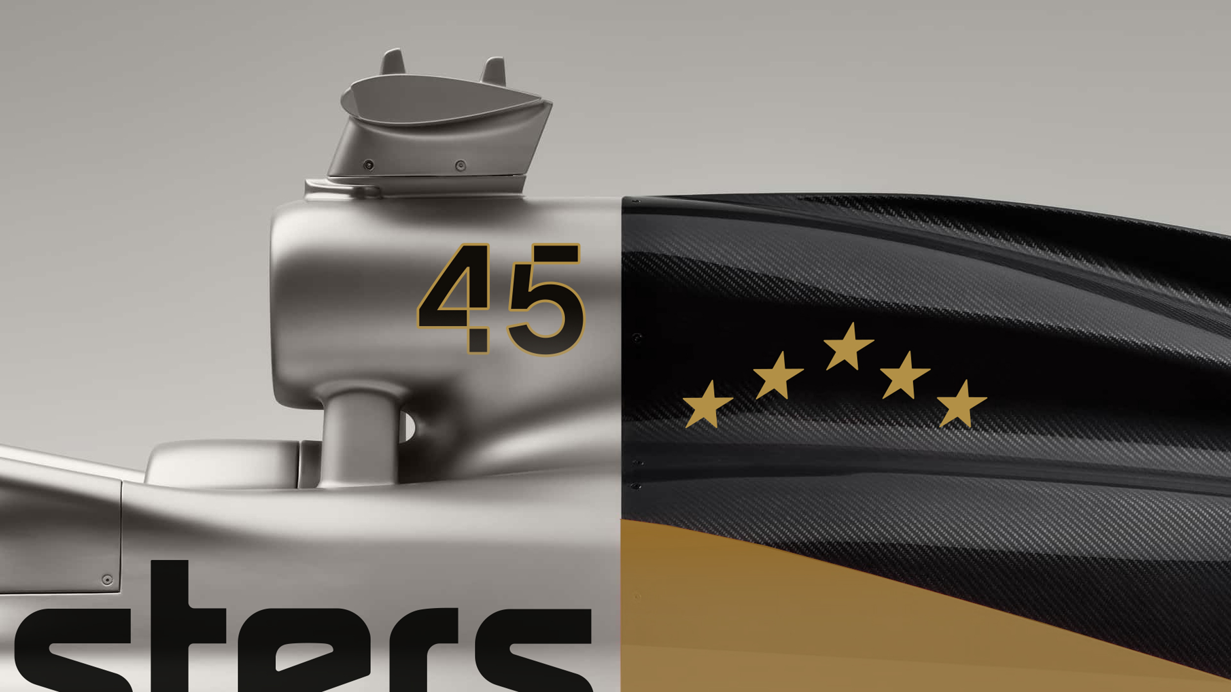 Close-up of a racing car body with number 45 and carbon fiber texture for Masters Historic Racing brand identity