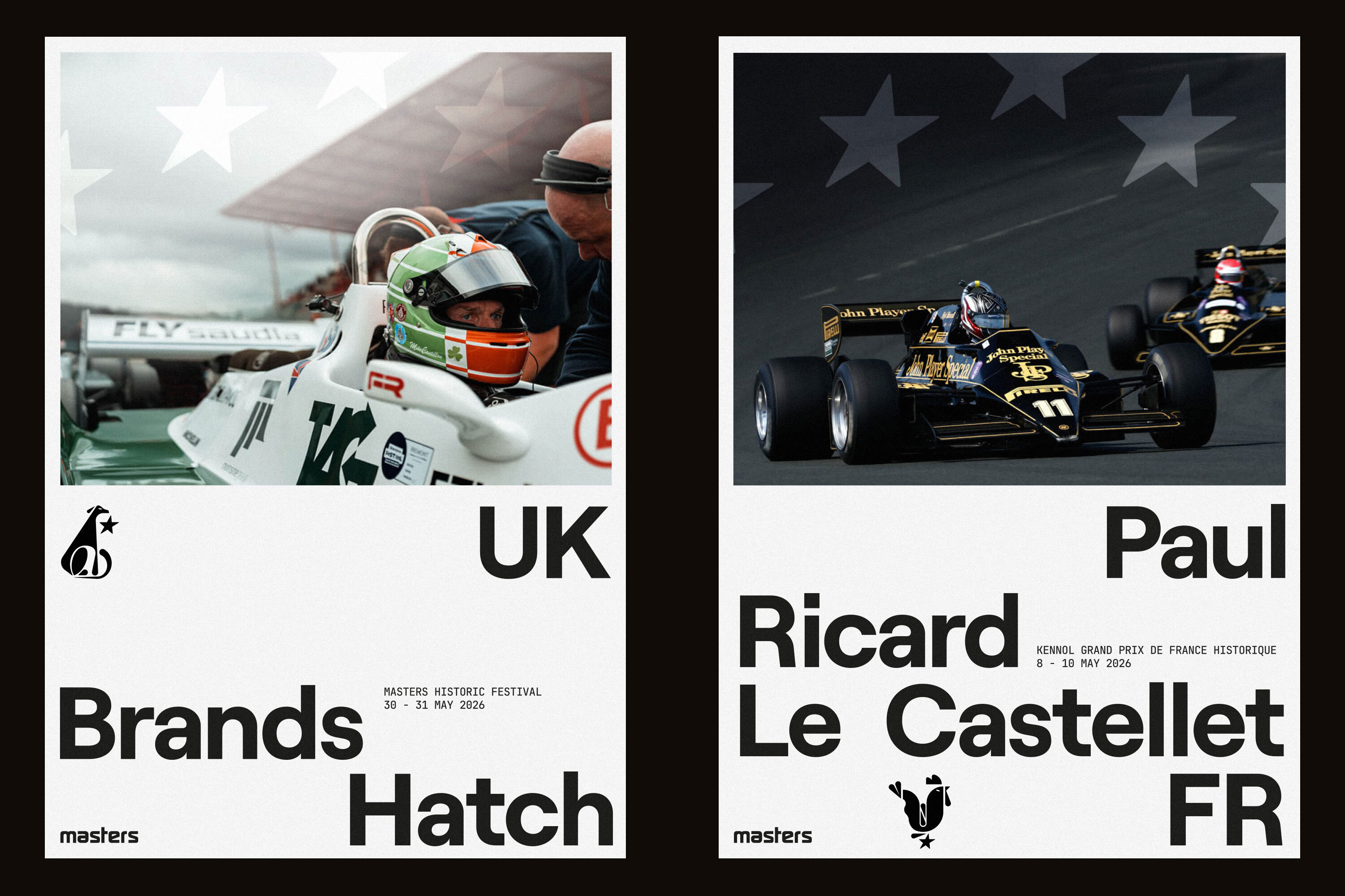 Two vertical posters showcasing historic motorsport branding with vintage racing cars and event typography for Masters Historic Racing