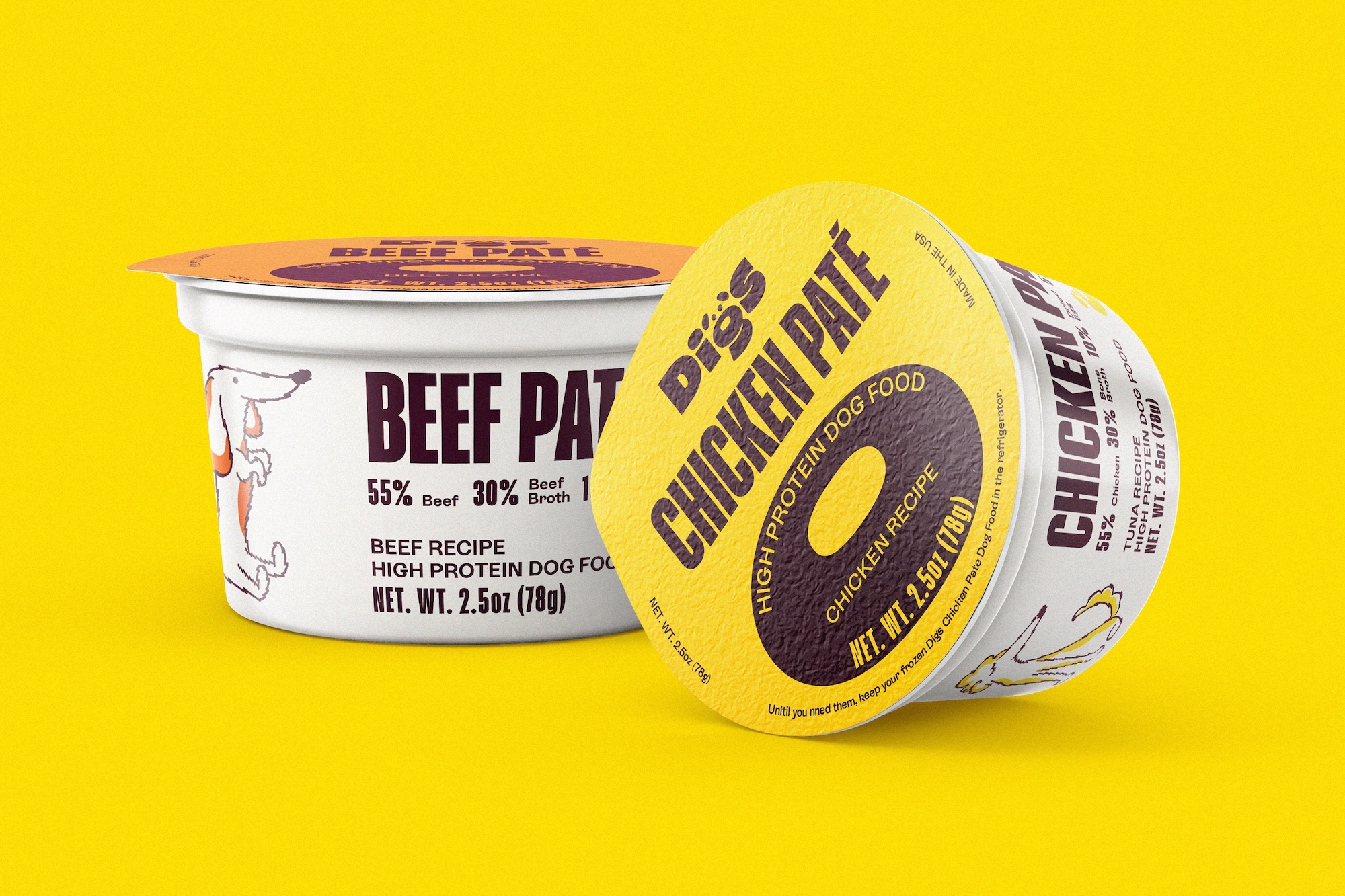 Two Digs dog food packaging cups with chicken pate and beef pate labels set against a solid yellow background.