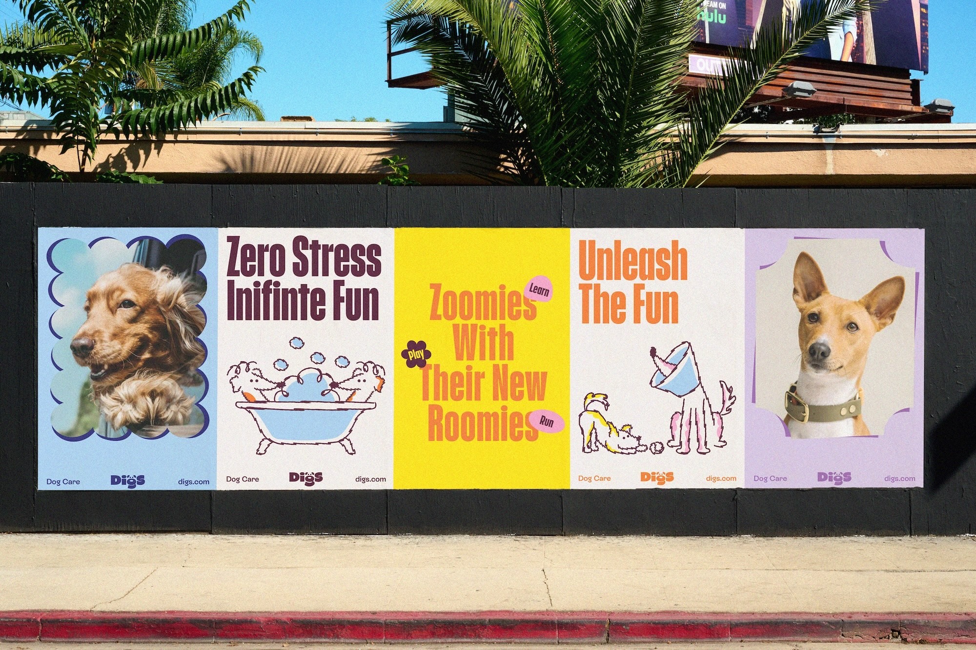Outdoor wheatpaste poster campaign for Digs brand identity featuring dog illustrations and photography on a black wall.