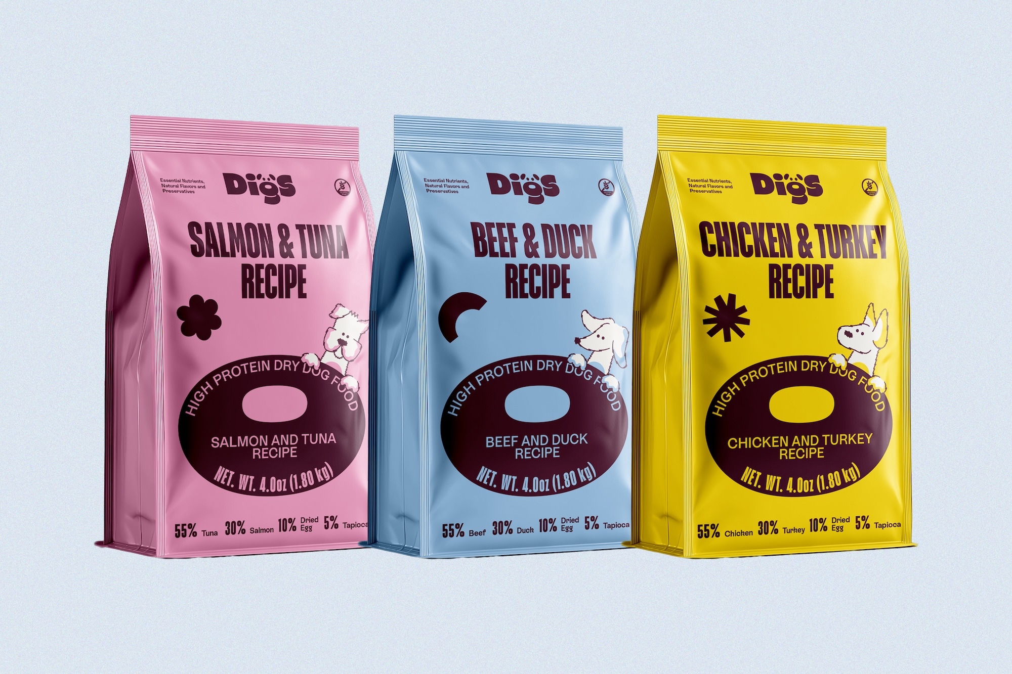 Three colorful pet food bags featuring pink, blue, and yellow packaging with bold typography against a light background.