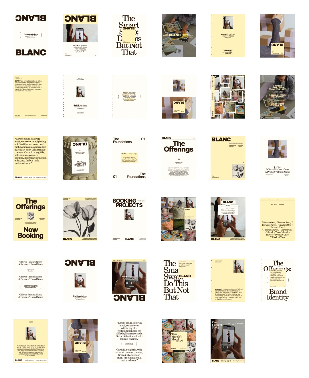 A multi-panel grid showcasing brand identity designs, typography layouts, and editorial mockups for BLANC by Arketype.