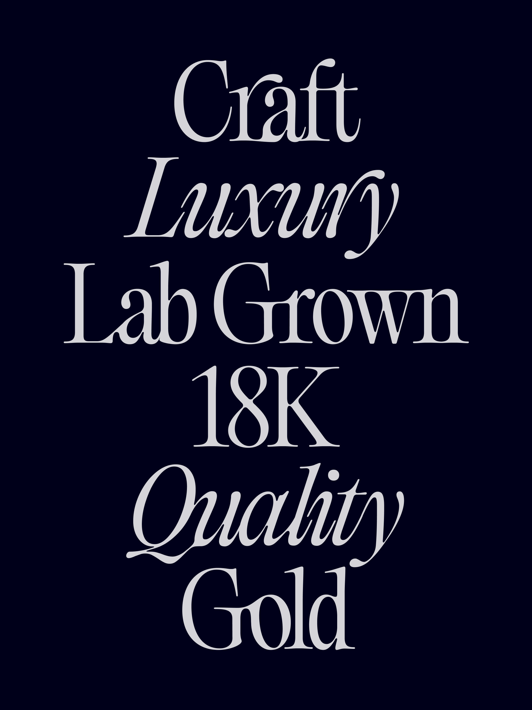 Typography graphic displaying Craft Luxury Lab Grown 18K Quality Gold in white serif text on a dark blue background.