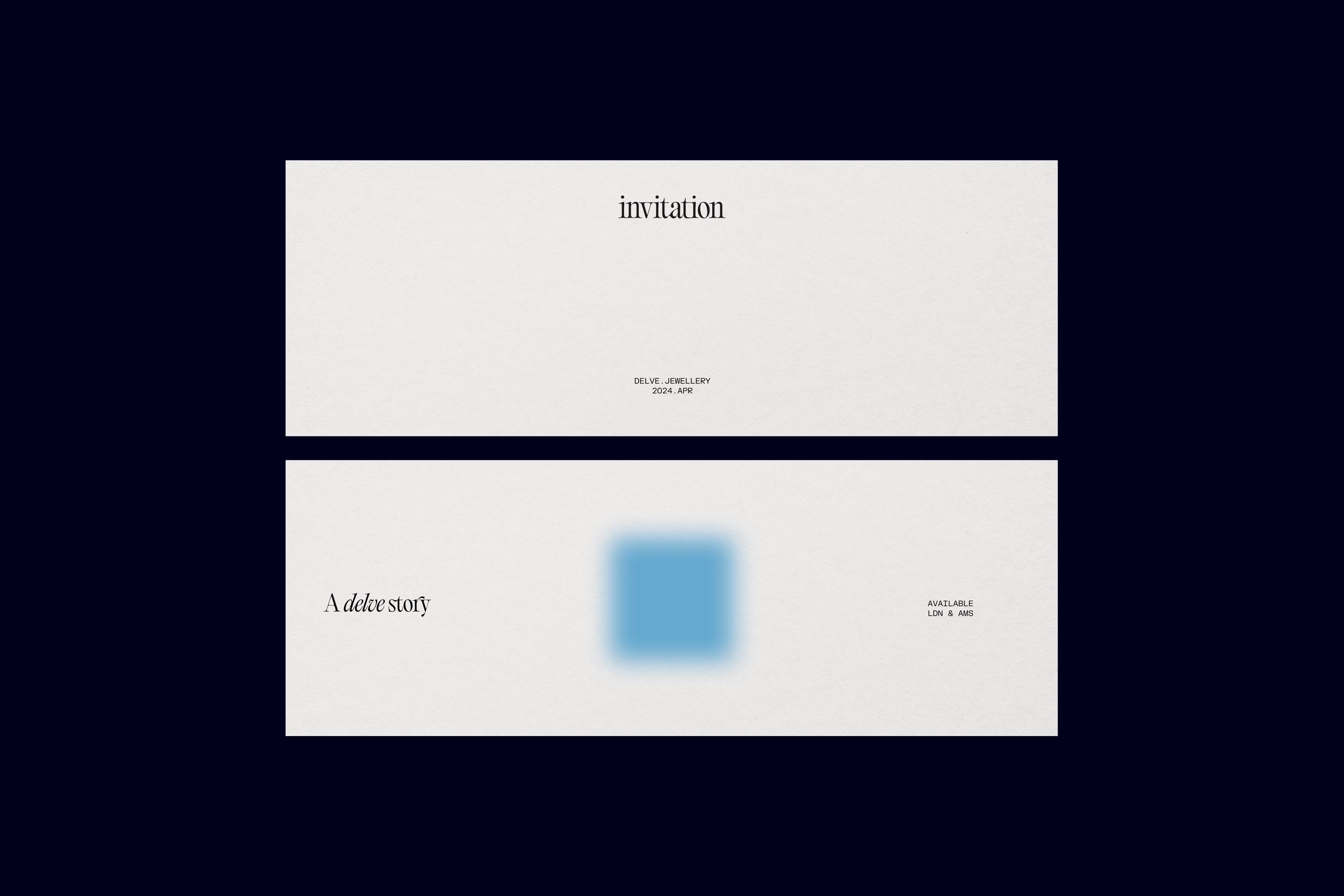 Two minimalist white invitation cards with elegant serif typography against a dark background