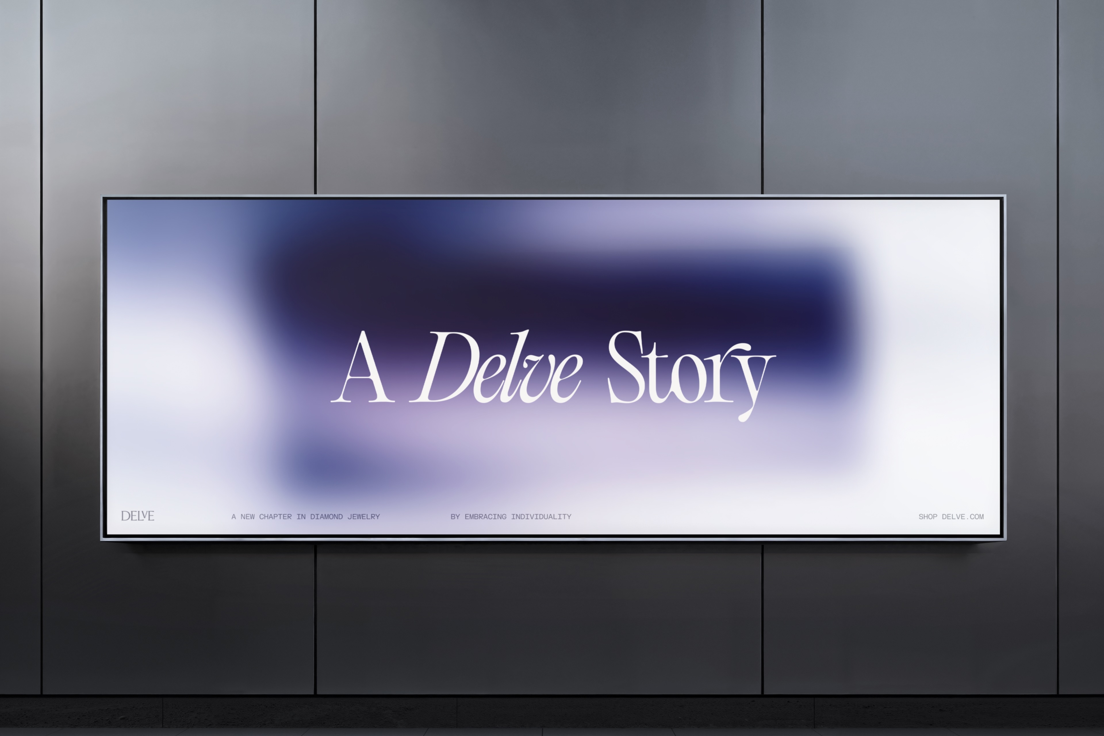 Horizontal advertising billboard with blurred dark blue gradient and white typography reading A Delve Story mounted on a dark metal wall