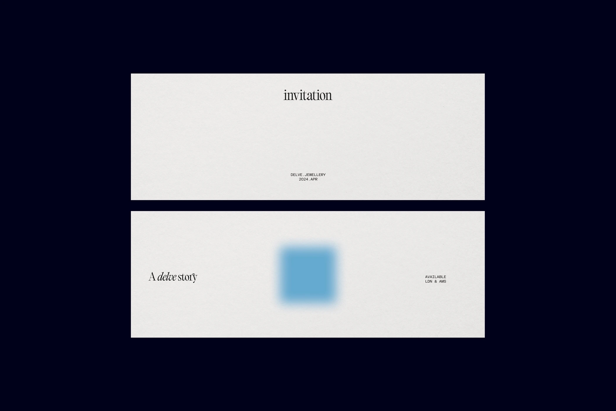 Two minimalist white invitation cards with elegant serif typography against a dark background