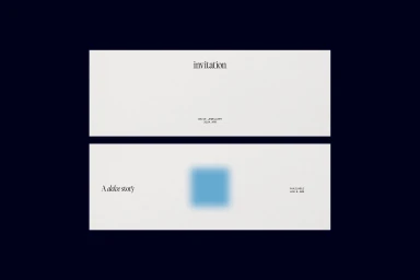 Two minimalist white invitation cards with elegant serif typography against a dark background