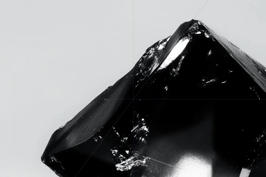 Close-up of a glossy black geometric object with sharp edges against a plain light grey background.